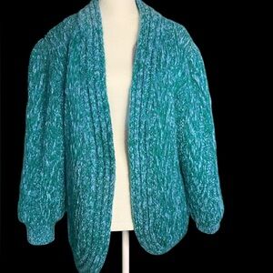 Vintage MingLiu Chunky Chenille Knit Cardigan Jacket Teal Blue Green Open Fron